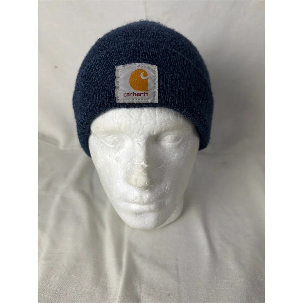 Carhartt Navy Blue Knit Beanie Hat Acrylic Workwear Cuffed Logo Patch Mens OSFM